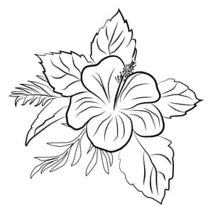 芙蓉花與葉子的黑白線條藝術。 — iPad 第10代 壁紙
