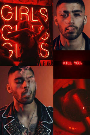一個穿皮褸嘅男人喺紅色霓虹燈下噴煙，有 'GIRLS' 同 'KILL YOU' 字樣。 — 美學拼貼 壁紙