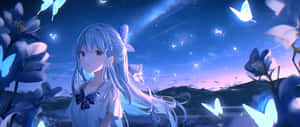 在星空下，被發光蝴蝶環繞的藍髮動漫女孩。