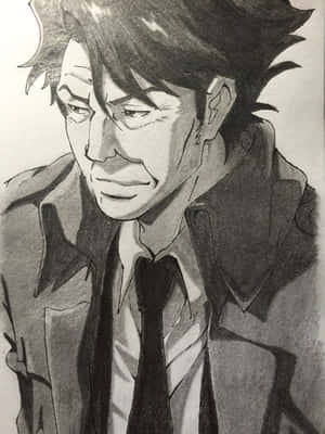 一個穿著風衣和領帶的男人，在鉛筆素描中表情嚴肅。