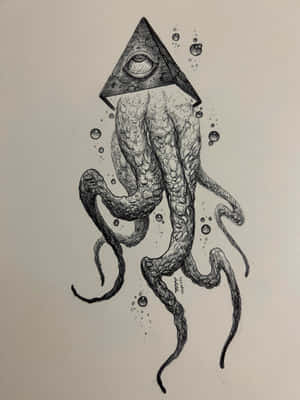 章魚，金字塔頭部，全視之眼，周圍環繞著氣泡。 — 型格黑色 壁紙
