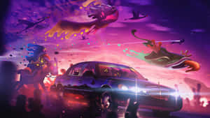 一輛黑色汽車在夢幻般的宇宙場景中行駛，伴有飛翔的龍和發光粒子。 — 迷霧森林 壁紙