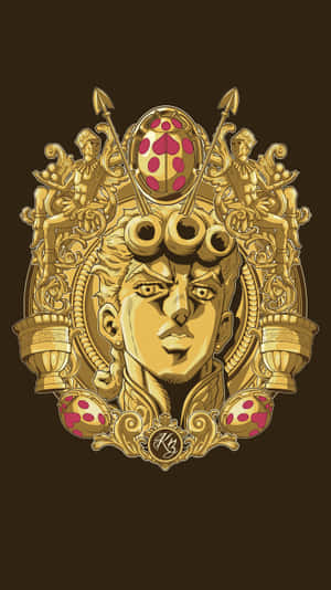 金色動漫風格肖像，帶有華麗畫框和粉紅色斑點球體。 — 靚靚動畫 壁紙