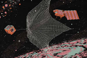兩顆衛星在太空中於一顆色彩繽紛的行星上部署一張網。 — 地球冒險 壁紙