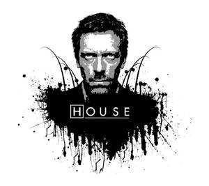 一名眼神銳利的男子的圖形肖像，周圍有墨水飛濺和「HOUSE」字樣。 — 簡潔 壁紙