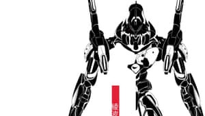 黑白動漫風格機甲，紅眼及紅色條紋上的日文字。 — 聖經天使 壁紙