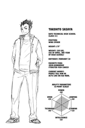 Takehito Sasaya 嘅動漫角色檔案，係一位高中排球翼攻手，附有統計數據。 — Huawei Pura X 壁紙