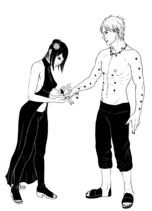 兩個動漫角色以黑白線條藝術交換一個物件，表情專注。 — 火影忍者美學 壁紙