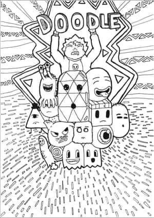 一幅黑白塗鴉藝術，描繪一個男孩和各種表情豐富的卡通角色。 — iPad 第10代 壁紙