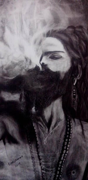 一位留著辮子鬍鬚的男人，在黑白插圖中從煙斗呼出煙霧。 — 吸煙 壁紙