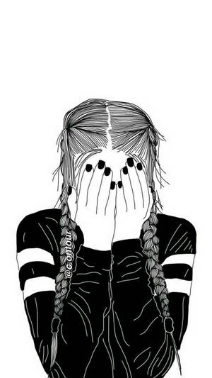 辮子頭髮的人用手遮住臉的黑白線條藝術插圖。 — 黑白藝術 壁紙