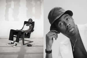 一名男子在椅子上放鬆，而另一名戴帽子的男子若有所思地向上看。 — Tyler the creator GIF 壁紙