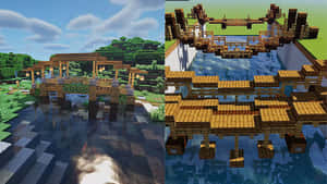 在Minecraft風格的景觀中，一座像素化的木橋橫跨河流。 — 我的世界 壁紙