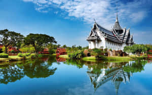 白色泰國寺廟，帶有華麗的尖頂，倒映在寧靜的池塘中，四周環繞著茂密的綠植。 — 向日葵田 壁紙