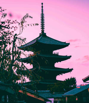 寶塔剪影映襯粉紅色日落天空，由樹枝框住。 — 粉彩粉紅色 壁紙