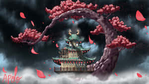 一座漂浮的寶塔在一棵巨大的櫻花樹下，紅色花瓣在暴風雨中飄落。 — 7680x4320 壁紙