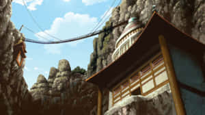 藍天下由吊橋連接的懸崖上的動漫寺廟 — 火影忍者美學 壁紙