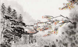 煙霧繚繞的山巒中的傳統亭閣與秋葉。 — 天空美學 壁紙