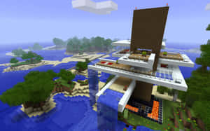 一座位於海洋島嶼上的Minecraft房屋，設有玻璃陽台和木柱。 — 型格 Minecraft 壁紙