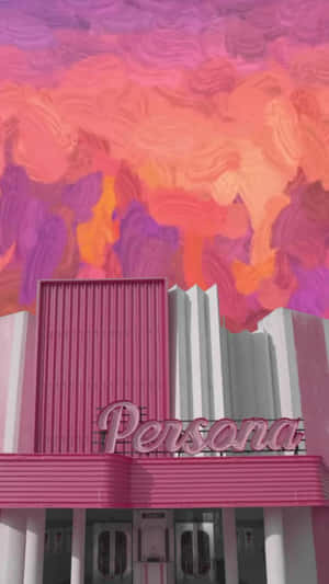色彩繽紛的日落天空下，帶有「Persona」標誌的粉白相間裝飾藝術風格劇院。 — Video GIF 壁紙