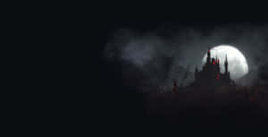滿月下霧夜中帶有紅色窗戶的哥德式城堡。 — 吸血鬼 GIF 壁紙