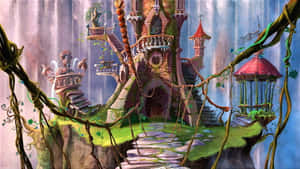 一座被藤蔓覆蓋的魔法城堡，周圍有瀑布流淌。 — 森林 壁紙