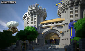 Minecraft城堡，擁有石塔和金色大門，被樹木環繞。 — 我的世界 壁紙