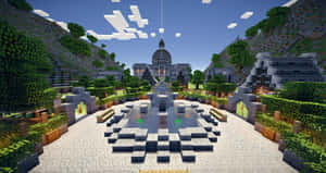 陽光明媚的天空下，綠色山丘環繞著帶有噴泉的Minecraft神廟。 — 最佳 Minecraft 壁紙