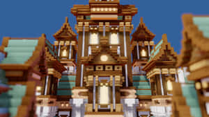 像素寺廟，木塔和發光窗戶，藍天 — 城堡 壁紙