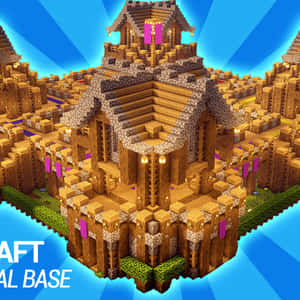 漂浮在水面上的Minecraft堡壘，帶有發光燈籠和紫色旗幟。 — 城堡 壁紙