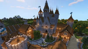 一座Minecraft城堡，有石塔和木屋頂，周圍環繞著綠色的山丘和樹木。 — 城堡 壁紙