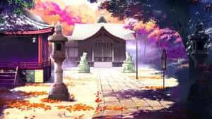 在色彩繽紛的天空下，一座被秋樹和落葉環繞的日本神社。 — 靚靚動畫 壁紙