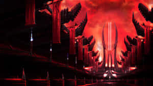 在火紅的天空下，有發光紅色柱子和橫幅的未來主義寺廟。 — Astroworld GIF 壁紙