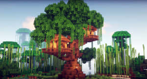 Minecraft叢林中的一座方塊樹屋，帶有懸垂的藤蔓和浮空島嶼。 — 型格 Minecraft 壁紙
