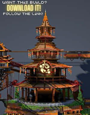 在Minecraft遊戲場景中，一座發光的像素寶塔漂浮在水面上。 — 城堡 壁紙