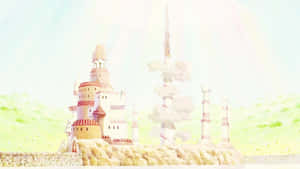 柔和天空下，山丘上的紅色邊框動畫城堡 — 可愛貓咪 壁紙