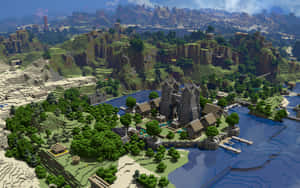 Minecraft城堡小鎮河邊森林山脈 — 我的世界 壁紙