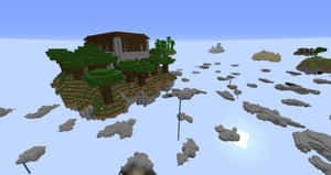 Minecraft風格方塊世界中的浮空島，上有房屋和樹木。 — 型格 Minecraft 壁紙