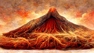 一座帶有發光熔岩根的火山在熾熱的天空下爆發。 — 紅色山脈 壁紙