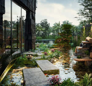 現代石屋，玻璃牆俯瞰著帶有錦鯉池和石徑的熱帶花園。 — 風景動圖 壁紙