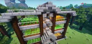 一座Minecraft溫室，多層種植的農作物被樹木環繞。 — 城堡 壁紙