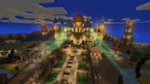 一座方塊幻想城堡在沙漠景觀中於黃昏時溫暖地發光。 — 型格 Minecraft 壁紙