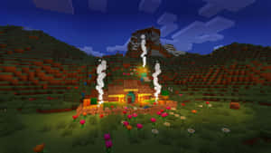 在星空下，一座舒適的Minecraft房屋被色彩繽紛的花朵環繞。 — 型格 Minecraft 壁紙