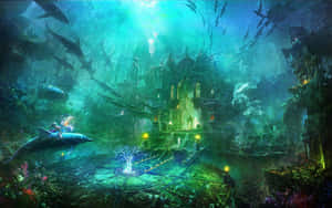 一座發光的水下奇幻城市，有鯊魚和海豚騎手。 — 水下 壁紙