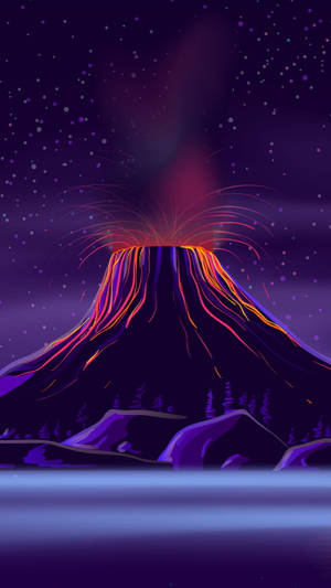一座發光的火山在繁星點點的紫色天空下噴發出火熱的熔岩。 — 淺紫色動態圖片 壁紙
