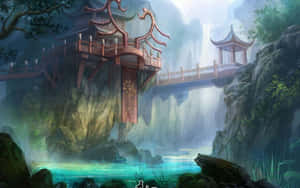 漂浮寺廟，紅色欄杆，發光河流，霧氣山谷 — 奇幻 壁紙
