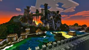 Minecraft城堡在懸崖上，夕陽下，下方有村莊和河流。