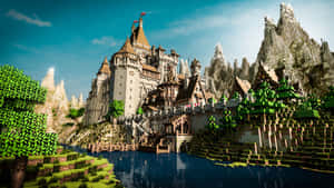 Minecraft 風格的像素城堡，湖畔有山脈和樹木 — 城堡 壁紙