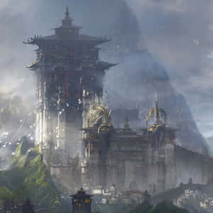 雲霧繚繞的山上古老寺廟建築群，黃昏時窗戶發光，金色結構閃耀。 — 天際線 壁紙