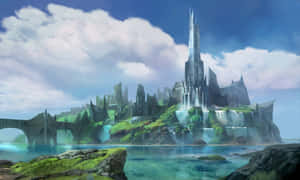 綠色島嶼上的奇幻城堡，帶有瀑布和石橋 — 抽象藝術 壁紙